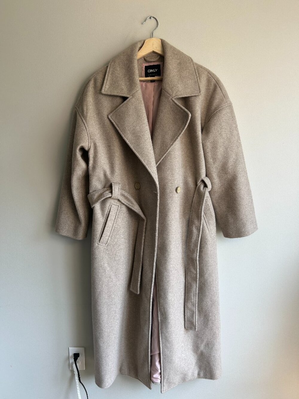 ONLY Women's Long Belted Coat | Beige Double-Breasted Peacoat | Size Medium